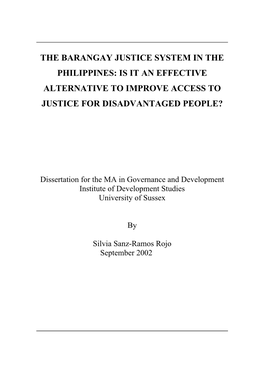 The Barangay Justice System in the Philippines: Is It an Effective Alternative to Improve Access to Justice for Disadvantaged People?