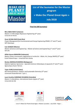 List of the Laureates for the Master Program « Make Our Planet Great Again » July 2018