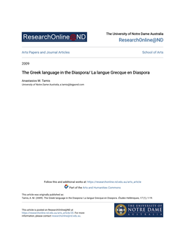 The Greek Language in the Diaspora/ La Langue Grecque En Diaspora