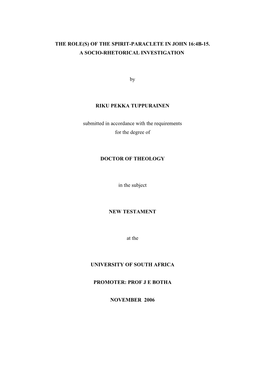 Of the Spirit-Paraclete in John 16:4B-15. a Socio-Rhetorical Investigation