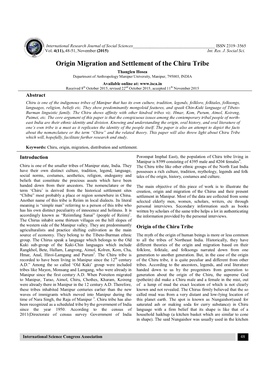 Origin Migration and Settlement of the Chiru Tribe Thanglen Hosea Department of Anthropology Manipur University, Manipur, 795003, INDIA