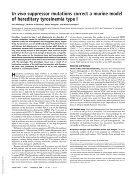 In Vivo Suppressor Mutations Correct a Murine Model of Hereditary Tyrosinemia Type I