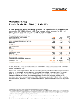 Winterthur Group Results for the Year 2006 (U.S