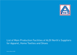 List of Main Production Facilities of ALDI North's Suppliers for Apparel