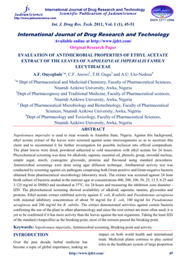 Evaluation of Antimicrobial Properties of Ethyl Acetate Extract of the Leaves of Napoleoneae Imperialis Family Lecythiaceae A.F