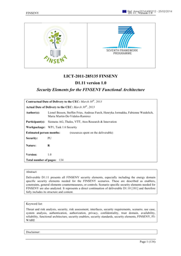 I.ICT-2011-285135 FINSENY D1.11 Version 1.0 Security Elements for the FINSENY Functional Architecture