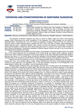 Toponyms and Ethnotoponyms of Northern Tajikistan