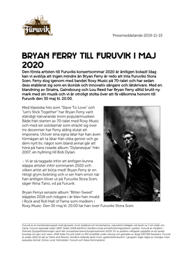 Bryan Ferry Till Furuvik I Maj 2020