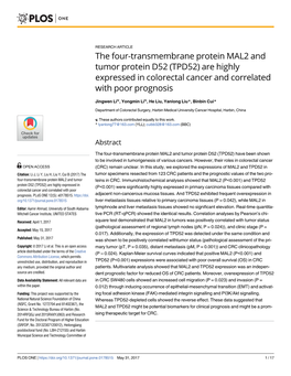 (TPD52) Are Highly Expressed in Colorectal Cancer and Correlated with Poor Prognosis