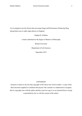 An Investigation Into the Factors That Encourage Image and Performance Enhancing Drug Taking Behaviours in Adult Rugby Players in England