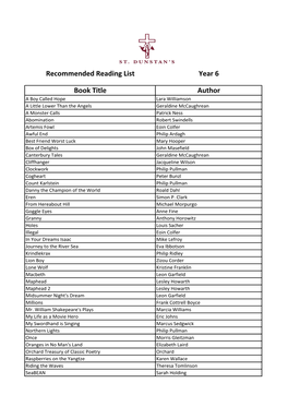 Recommended Reading List Year 6 Book Title Author