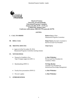 Board of Trustees University of Central Florida Educational Programs Committee January 29, 2015, 10:30 – 11:45 A.M. FAIRWINDS