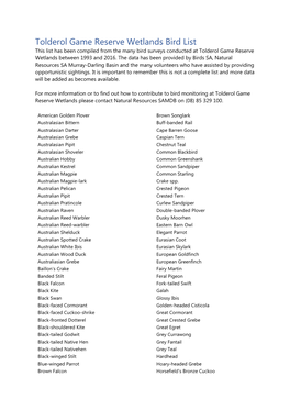 Tolderol Game Reserve Wetlands Bird List This List Has Been Compiled from the Many Bird Surveys Conducted at Tolderol Game Reserve Wetlands Between 1993 and 2016