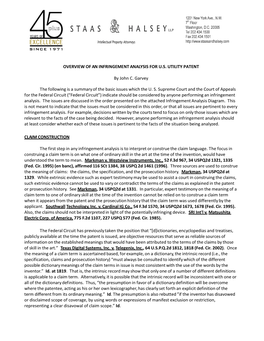 OVERVIEW of an INFRINGEMENT ANALYSIS for U.S. UTILITY PATENT by John C. Garvey the Following Is a Summary of the Basic Issues Wh