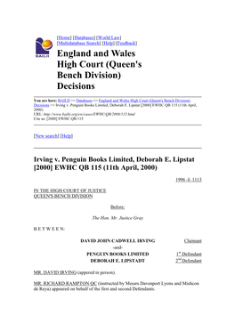 England and Wales High Court (Queen's Bench Division) Decisions >> Irving V