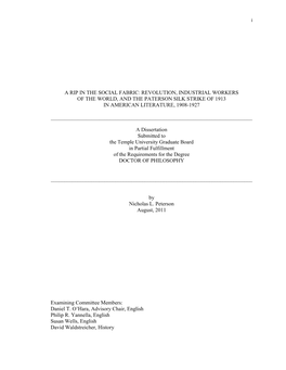 A Rip in the Social Fabric: Revolution, Industrial Workers of the World, and the Paterson Silk Strike of 1913 in American Literature, 1908-1927