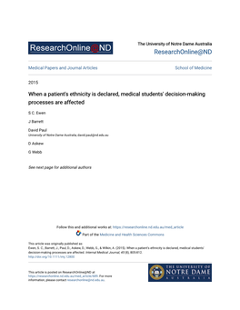 When a Patient's Ethnicity Is Declared, Medical Students' Decision-Making Processes Are Affected