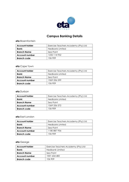 Campus Banking Details Eta Bloemfontein