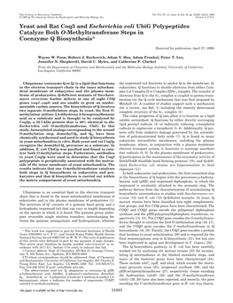 Yeast and Rat Coq3 and Escherichia Coli Ubig Polypeptides Catalyze Both O-Methyltransferase Steps in Coenzyme Q Biosynthesis*