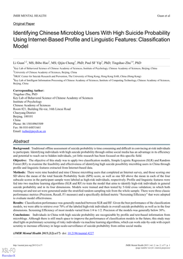 Identifying Chinese Microblog Users with High Suicide Probability Using Internet-Based Profile and Linguistic Features: Classification Model