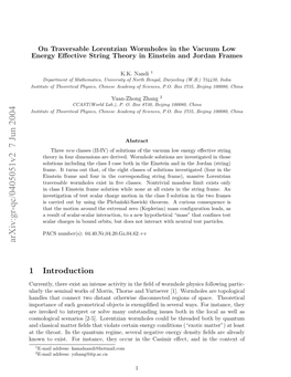 Arxiv:Gr-Qc/0405051V2 7 Jun 2004 Nw Oeit O Ntne Hyocri H Aii ﬀc,Adin and Eﬀect, Casimir the in Occur They D Energy Instance, Negative for Several Regime, Exist