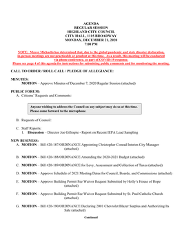 Agenda Regular Session Highland City Council City Hall, 1115 Broadway Monday, December 21, 2020 7:00 Pm