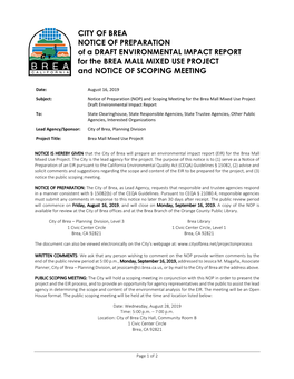 CITY of BREA NOTICE of PREPARATION of a DRAFT ENVIRONMENTAL IMPACT REPORT for the BREA MALL MIXED USE PROJECT and NOTICE of SCOPING MEETING