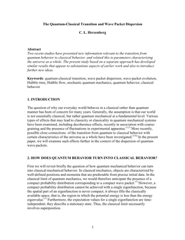 1 the Quantum-Classical Transition and Wave Packet Dispersion C. L