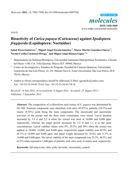 Bioactivity of Carica Papaya (Caricaceae) Against Spodoptera Frugiperda (Lepidoptera: Noctuidae)