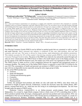 Vol-5, Issue 12 Consumer Satisfaction on Personal Care Products of Hindusthan Unilever Ltd (With Reference to Pollachi)