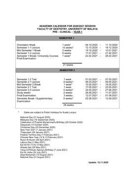 Akademik Calendar for 2020/2021 Session Faculty of Dentistry, University of Malaya Pre - Clinical – Year 1