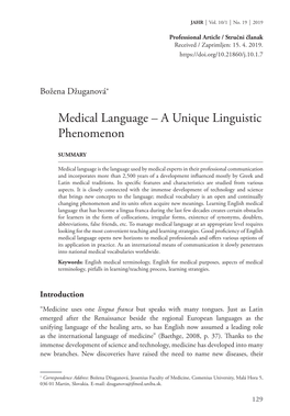Medical Language – a Unique Linguistic Phenomenon