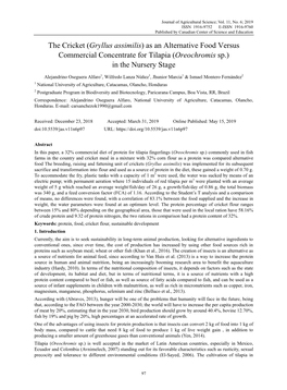 The Cricket (Gryllus Assimilis) As an Alternative Food Versus Commercial Concentrate for Tilapia (Oreochromis Sp.) in the Nursery Stage