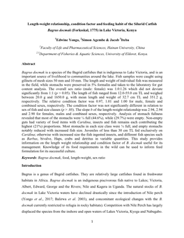 Length-Weight Relationship, Condition Factor and Feeding Habit of the Silurid Catfish Bagrus Docmak (Forksskal, 1775) in Lake Victoria, Kenya