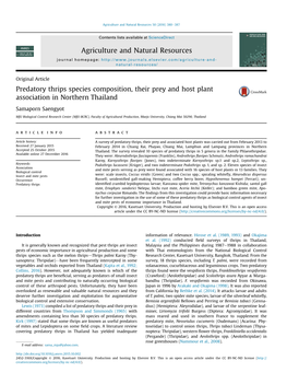 Predatory Thrips Species Composition, Their Prey and Host Plant Association in Northern Thailand