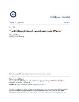 Type Locality Restriction of <I>Hypsiglena Torquata</I> Gã¼nther