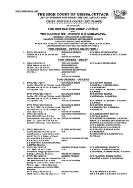 The High Court of Orissa,Cuttack List of Business for Friday the 3Rd January 2020 Chief Justice's Court (2Nd Floor)