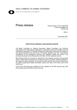Joint Forum Releases Cross Sectoral Reports (November 7, 2001)