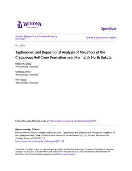 Taphonomic and Depositional Analysis of Megaflora of the Cretaceous Hell Creek Formation Near Marmarth, North Dakota