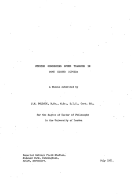 STUDIES CONCERNING SPERM TRANSFER in SOME HIGHER DIPTERA a Thesis Submitted by J.N. POLLOCK, B.Sc., M.Sc., D.I.C., Cert. Ed., Fo