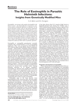 The Role of Eosinophils in Parasitic Helminth Infections: Insights from Genetically Modiﬁed Mice C.A