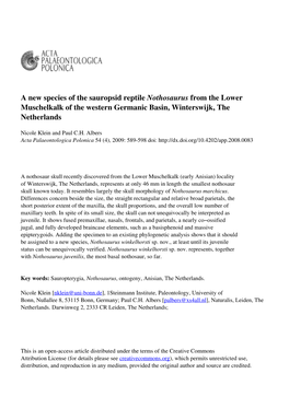 A New Species of the Sauropsid Reptile Nothosaurus from the Lower Muschelkalk of the Western Germanic Basin, Winterswijk, the Netherlands