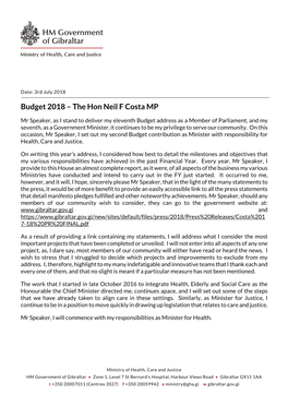 Budget 2018 – the Hon Neil F Costa MP