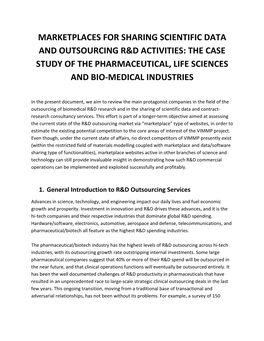Marketplaces for Sharing Scientific Data and Outsourcing R&D Activities: the Case Study of the Pharmaceutical, Life Sciences and Bio-Medical Industries