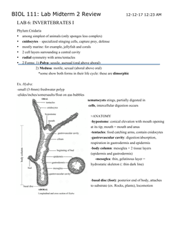 BIOL 111: Lab Midterm 2 Review 12-12-17 12:23 AM LAB 6: INVERTEBRATES I