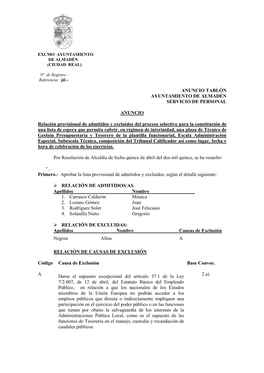 Anuncio Tablón Ayuntamiento De Almadén Servicio De Personal