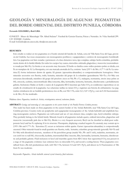 Geología Y Mineralogía De Algunas Pegmatitas Del Borde Oriental Del Distrito Punilla, Córdoba