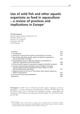 Use of Wild Fish and Other Aquatic Organisms As Feed in Aquaculture – a Review of Practices and Implications in Europe1