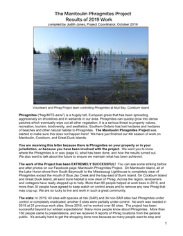 The Manitoulin Phragmites Project Results of 2019 Work Compiled by Judith Jones, Project Coordinator, October 2019