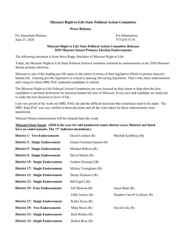 Missouri Right to Life State Political Action Committee Press Release